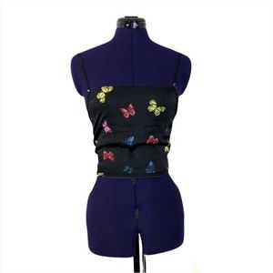 Black Colorful Butterfly Patterned Lace Up Crop Top